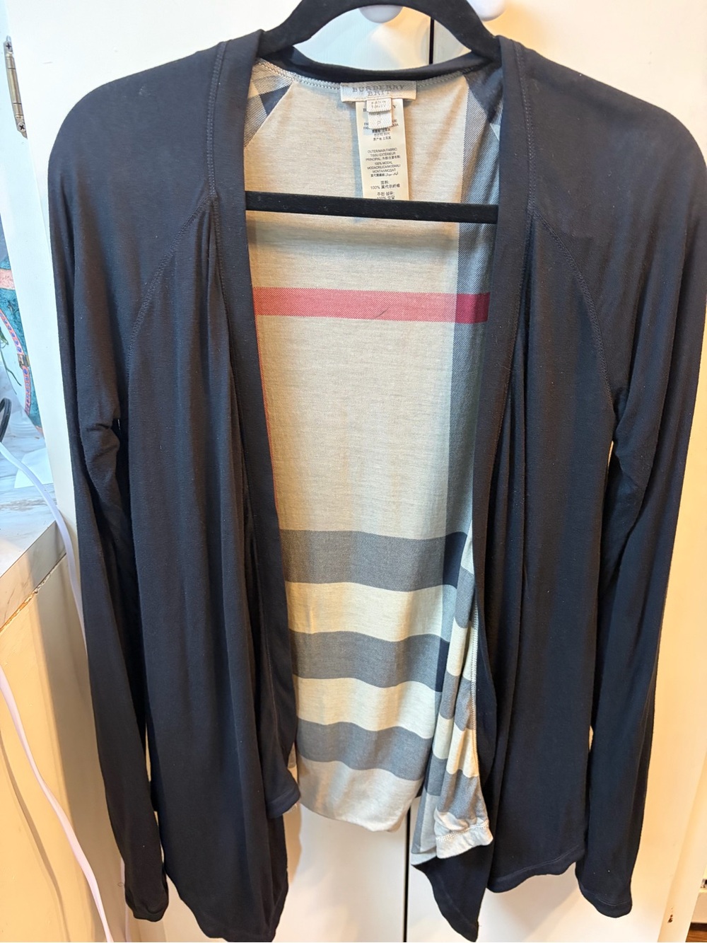 Burberry Brit Lightweight Black Open-Front Cardigan with Striped Interior